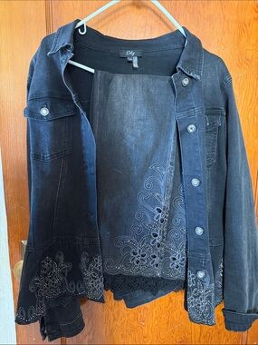 Orly Black Embroidered Lace-Trim Denim Jacket with matching pants